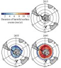 Duration of harmful surface events for today, 2055 and 2095. (Credit: Nina Bednarsek / NOAA)