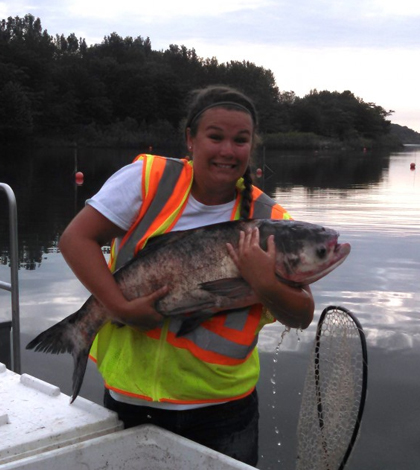 Researcher Kelsie Murchy with a bighead carp. (Credit: Brooke Vetter)