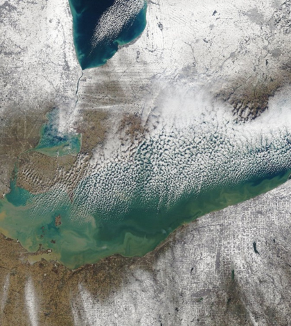 Unusually high Lake Erie temperatures this winter are holding at 40 degrees Fahrenheit. (Credit: NASA)