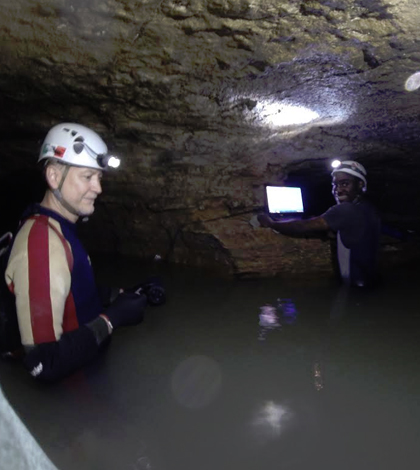Ball State University researchers working in a karst aquifer. (Credit: Lee Florea / Ball State University)