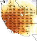 Map showing precipitation changes resulting in a drier American Southwest. The gray dots represent statistically significant precipitation changes. (Credit: Andreas Prein)