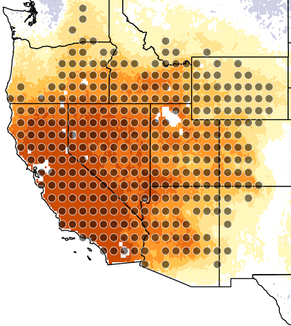 Map showing precipitation changes resulting in a drier American Southwest. The gray dots represent statistically significant precipitation changes. (Credit: Andreas Prein)