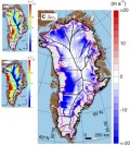 Greenland's average ice speed over the last nine thousand years (top left), its current speed (bottom left) and the difference between them (right). (Credit: Joseph A. MacGregor)