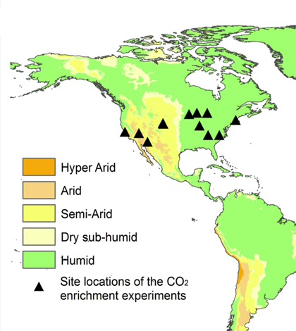 Global distributions of carbon dioxide enrichment experiments. (Credit: Indiana University-Purdue University Indianapolis)