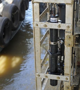 A monitoring station including a nitrate sensor on the Lower Mississippi River. (Credit: USGS)