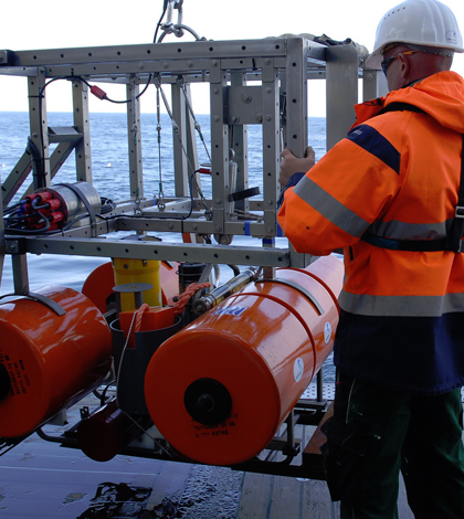 A benthic lander with a High Frequency Acoustic Recording Package used to record methane seeps. (Credit: Peter Linke and Jürgen Schauer / GEOMAR Helmholtz Centre for Ocean Research)