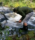 A field technician with the Penobscot Indian Nation uses a pH meter to take stream quality measurements. (Credit: Dan Kusnierz / Penobscot Indian Nation)