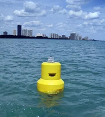 Buoy deployed in Lake Michigan near Chicago beaches. (Credit: Michigan State University College of Engineering)