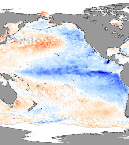 La Niña from December 2007. (Credit: NASA Earth Observatory)