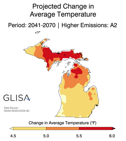 Projected change in average temperature for Michigan. (Credit: University of Michigan)