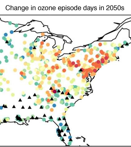 Mean changes from 2000-2009 to 2050-2059 in ozone episode days. (Credit: Lu Shen / Harvard University)
