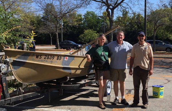 Professor Joy Wolf, Dr. Stephen Lyon, and Ben Haas at Quarry Lake before launching floating islands.