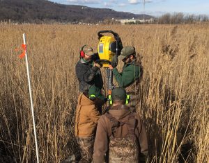 Researchers installing a Surface elevation table (SET) at Piermont Marsh, Rockland County. HRNERR uses this to measure sediment accrual in the Marsh