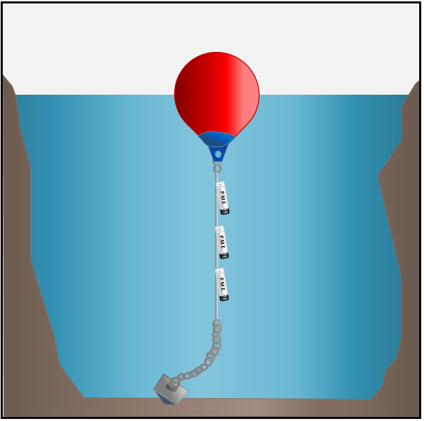 A representation of how PME miniDOT Loggers may look while being deployed in a deep lake. Picture is not to scale. 