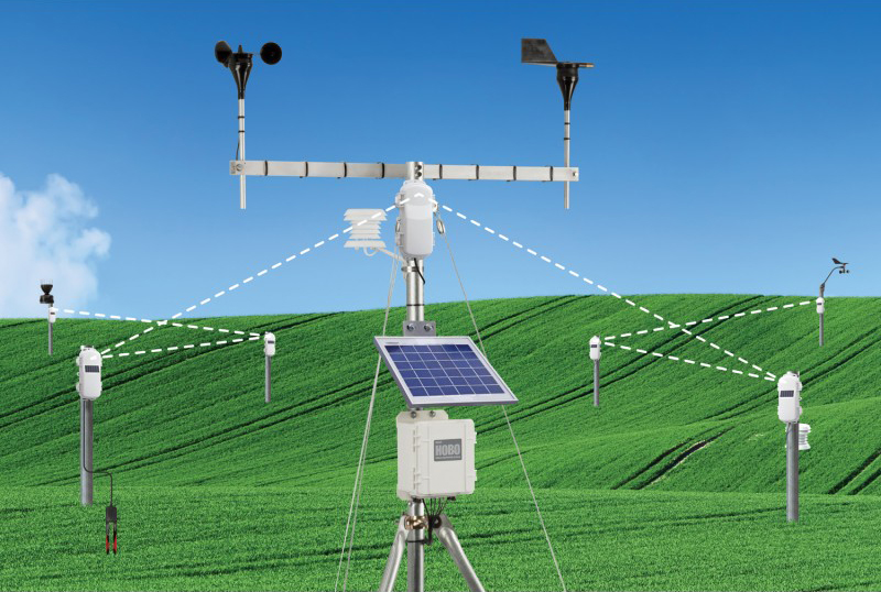 An illustration of a HOBOnet Field Monitoring System with multiple sensor motes at a deployment site