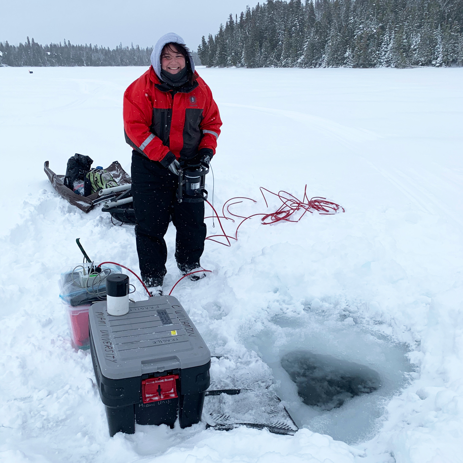 PhD candidate Nicole Berry samples under ice on Lake Huron. Many coregonine fish species lay eggs in the fall that will incubate under the ice through the winter