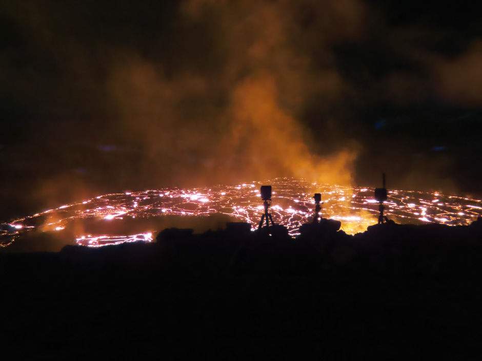 Webcam sentinels stand watch over the new eruption within Halema‘uma‘u Crater, at the summit of Kīlauea volcano, in the early morning hours of January 6, 2023. USGS photo taken from the south rim.