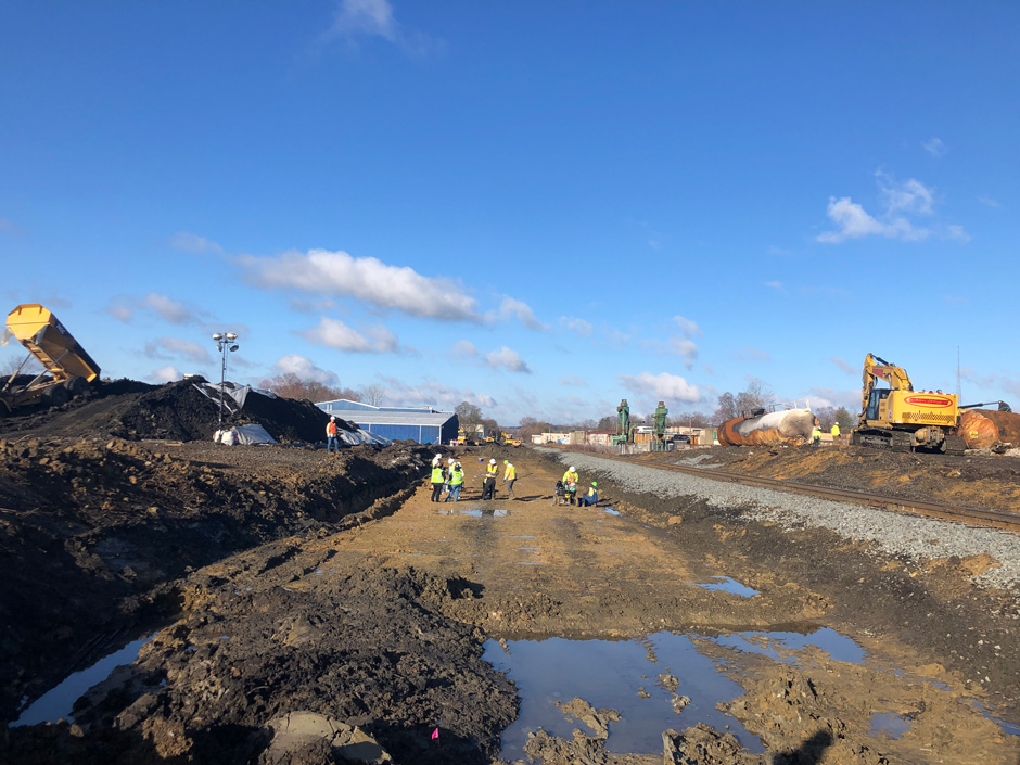 Norfolk Southern and EPA conducting soil sampling beneath the excavated rail track area.