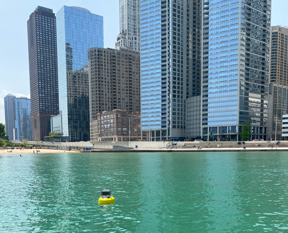CB-75-SVS buoy with Ohio Street Beach and Lake Shore Drive in the background. 