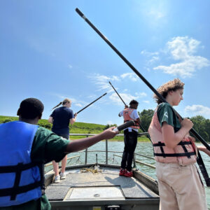 Biology Field Station field trip participants electrofish on the Ohio River.