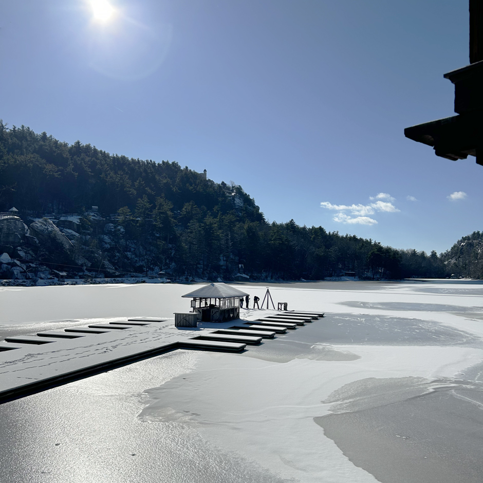 Photo of Mohonk Lake 75% ice covered on January 17, 2024.