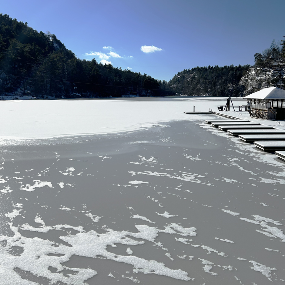 Photo of Mohonk Lake 75% ice covered on January 17, 2024.
