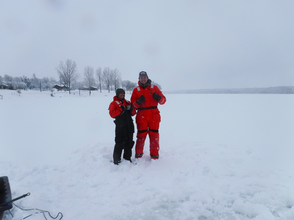 School of Natural Resources PhD student- Fatima Laraib, and undergraduate student- Chase Fitzpatrick, learn winter limnology from Rebecca North on Lake Sakatah in Minnesota. 