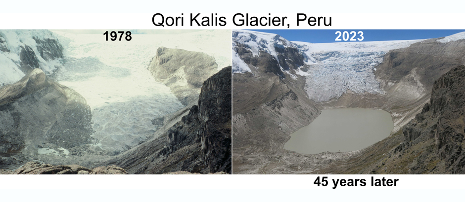 The retreat of the Qori Kalis Glacier is documented in photos taken in the exact spot 45 years apart. 