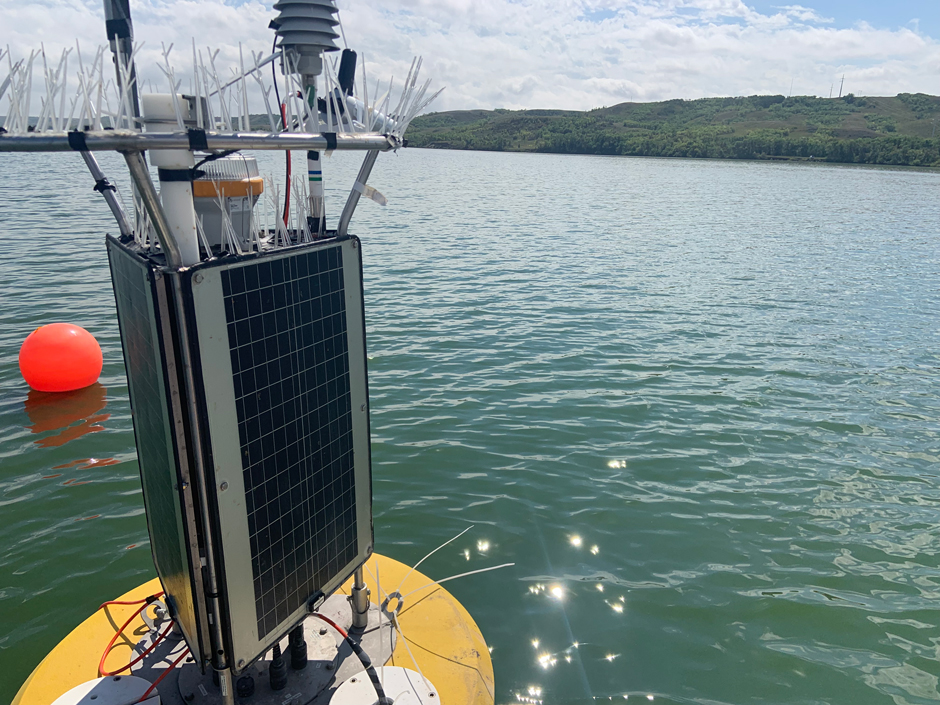 A close up view of the monitoring equipment attached to Superbuoy on a foggy day.