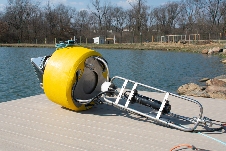 A NexSens Data Buoy is prepared for deployment with a Seamtrics Turbo Turbidity Logger, a YSI EXO3s Sonde, and a NexSens TS210 Thermistor String. 