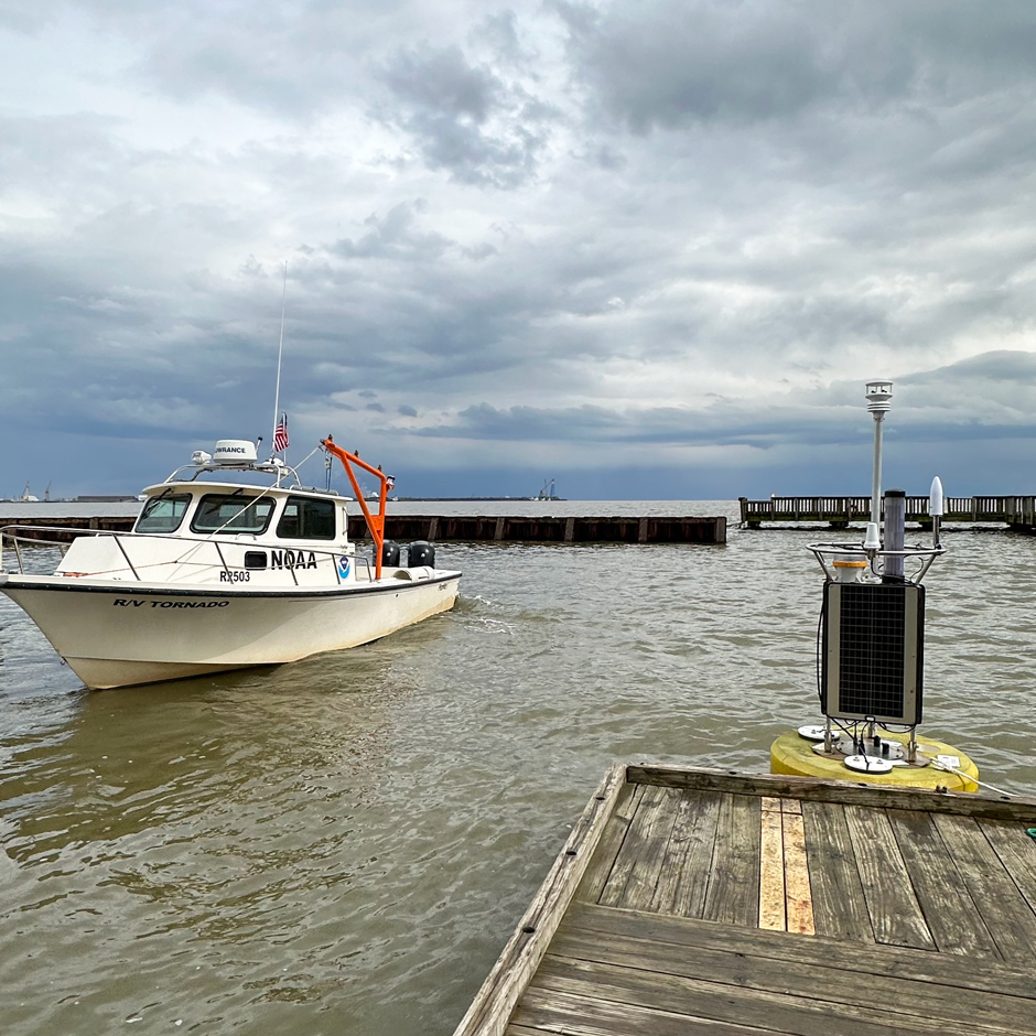 The CURBY real-time buoy is easily deployed from small vessels like NOAA’s R/V Tornado, pictured here on the left.