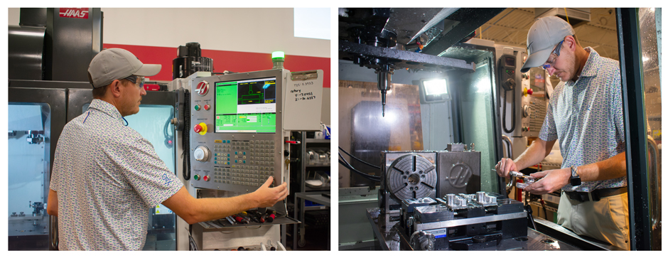 (Left) NexSens engineer configuring CNC mill; (Right) NexSens engineer inspects CNC machine part. 