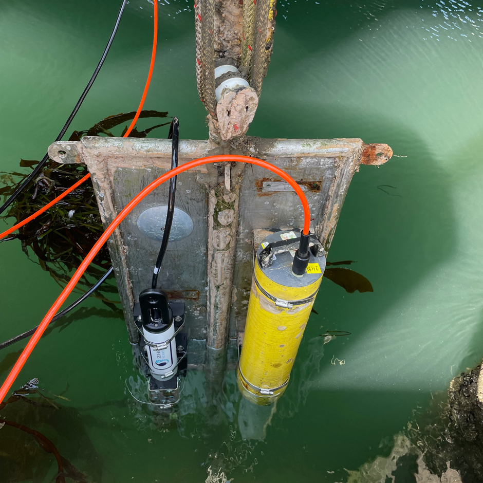 View of instrument plate at BM1 being prepared to lower into its fixed position. The plate is positioned 2 meters below the MLLW line and can be raised and lowered with a block and tackle system. 