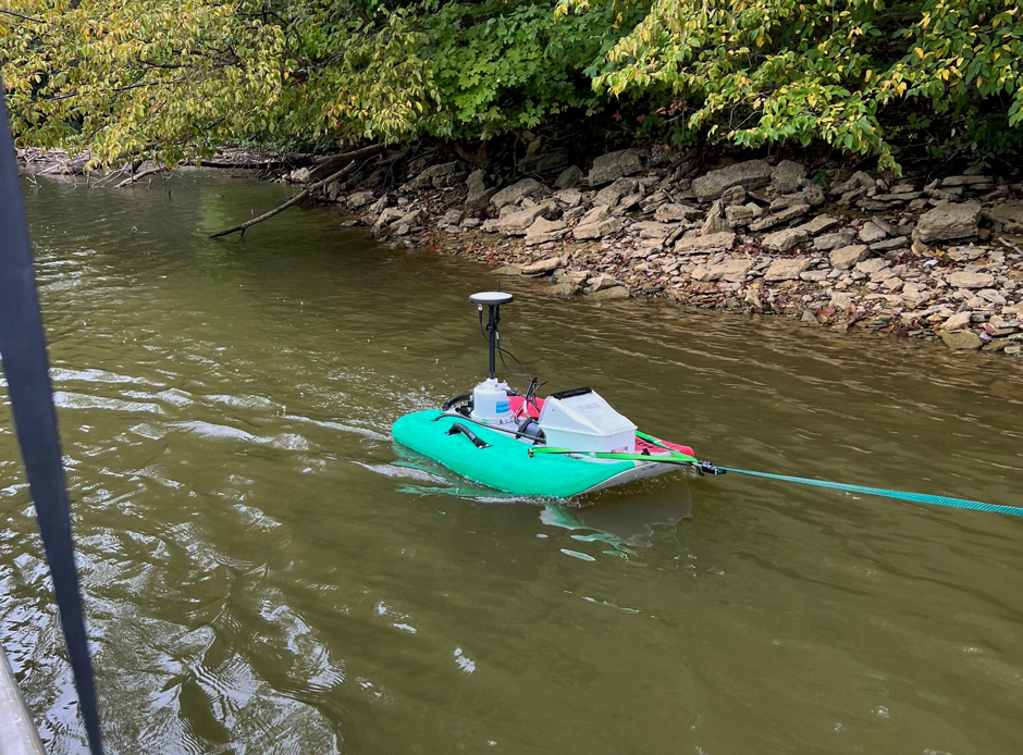 The rQPOD equipped with the Sontek ADCP being towed while conducting a bathymetric survey.