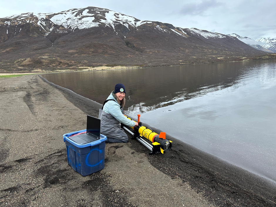 Preparing to launch the autonomous underwater vehicle in Chignik Lake, Alaska 