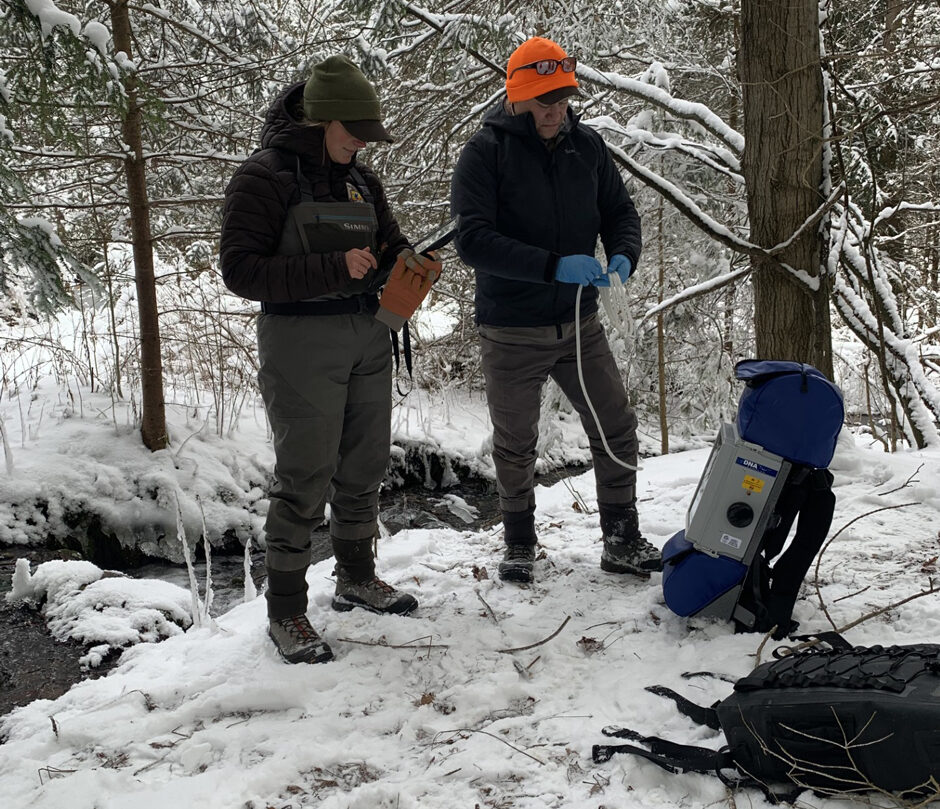 Fisheries staff collecting eDNA samples in suspected brook trout waters in western NY.