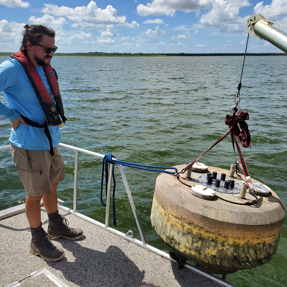 Maintenance of an evaporation monitoring buoy on Choke Canyon Reservoir.