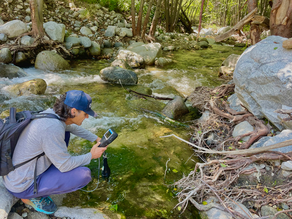 Dr. Robert Kurkjian testing water quality in the Arroyo Seco.
