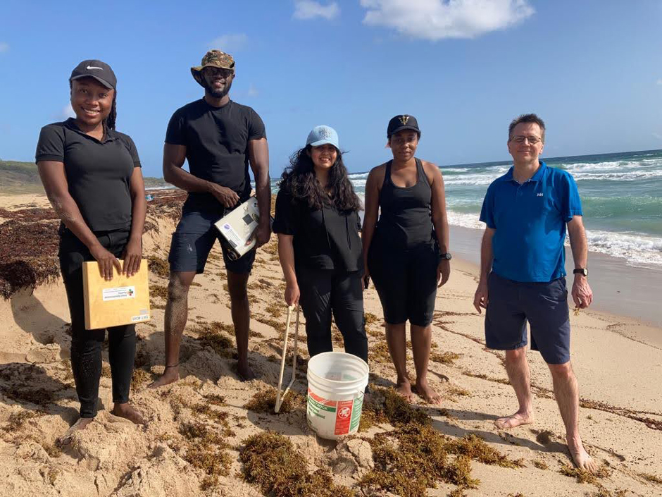 Fidai (pictured center) working with Colleagues from the University of West Indies and University of Southampton to survey landed sargassum in Barbados.