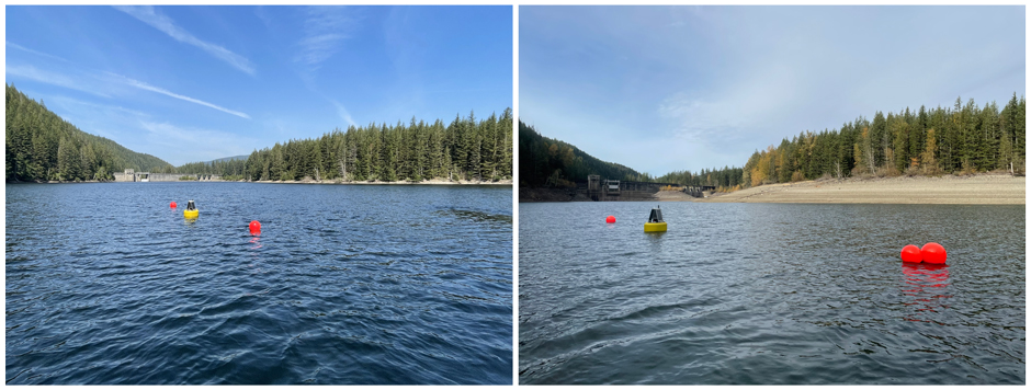 Data buoy in Masonry Pool at full pool level (Left) and during summer drawdown (Right). 