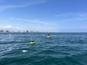 A CB-950 and CB-25 deployed on site at Port Everglades. The sensor buoys are protected by white buoys on the sides to prevent collisions with boats in the area.