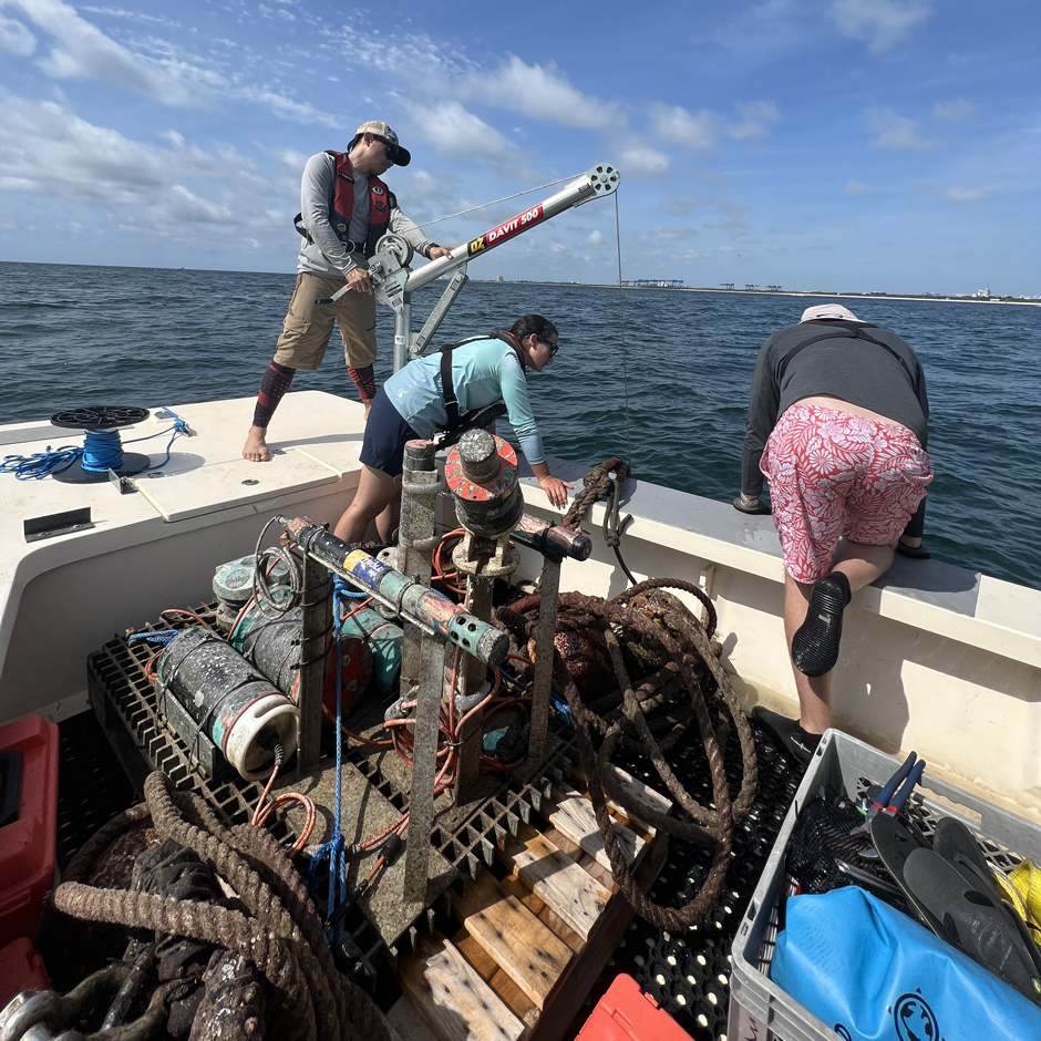 The bottom package being recovered for a full service (cleaning and communication checks) using a davit.