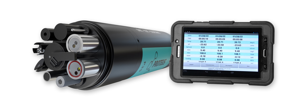 Proteus multiparameter sensor with read out of parameter measurements displayed.