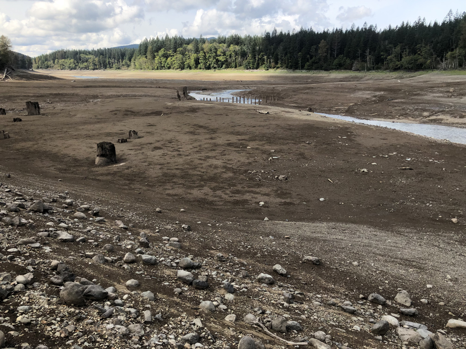 Masonry Pool looking downstream from the Overflow Dike at base summer drawdown level.