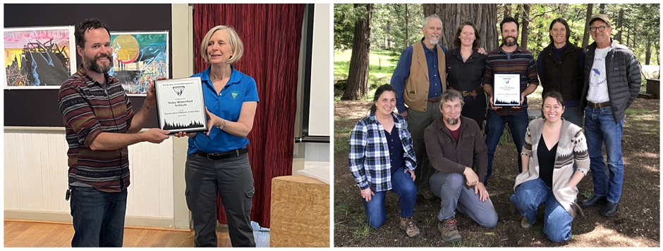 (Left) Chris Friedel, YWI Executive Director, accepts the U.S. Bureau of Land Management 2023 Conservation Partner of the Year award from BLM California state director Karen Mouritsen. (Right) YWI staff and directors, from left to right. Front row: Ann Hobbs, Daniel Nicholson, Corinne Munger. Back row: Kurt Lorenz, Amber Cone, Chris Friedel, Denise Della Santina, Bob Erickson. Credit: Yuba Watershed Institute. 