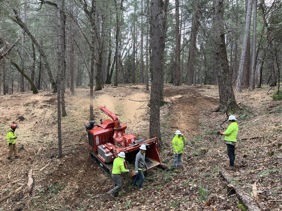 A local contractor (GP Land Development and Clearing) chips cut material at the Yuba Watershed Institute's Little Deer Creek Landscape Resilience Project. 