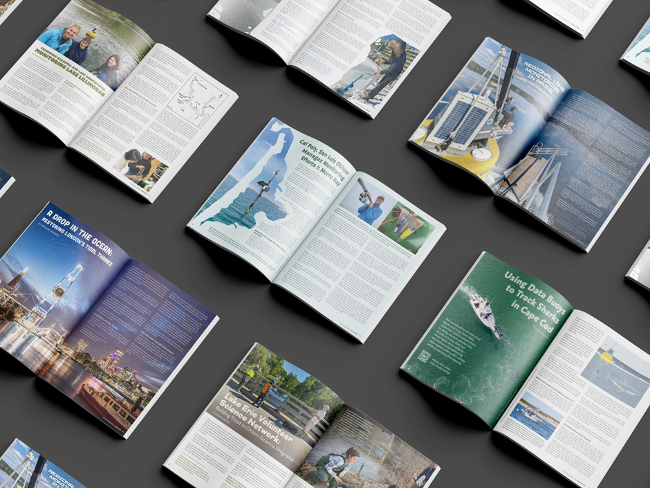 Overhead view of multiple article spreads from the 2025 Spring edition of the Environmental Monitor.