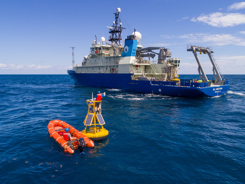 The UNC CH and CSI teams doing meteorological station repairs after a storm on a buoy about 20 miles offshore of Nags Head during the National Science Foundation sponsored Processes driving Exchange at Cape Hatteras (PEACH) project.