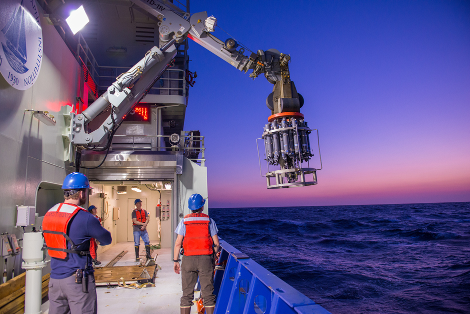 Casting with the Rosette on the RV Armstrong as part of the Processes Driving Exchange at Cape Hatteras experiment.