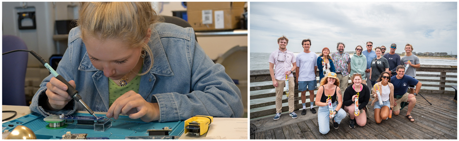 There are to photos side by side. On the left: Manteo High School student Sterling Wright building her CTD in the lab at the Coastal Studies Institute. On the right: The Open Conductivity/Temperature/Depth (CTD) team doing test CTD casts with newly constructed CTDs from Jennette’s Pier. 